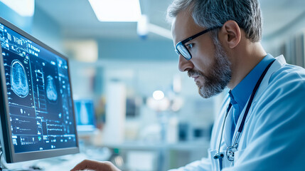 A focused doctor analyzes medical imaging data on computer screen in modern healthcare setting. atmosphere conveys professionalism and dedication to patient care