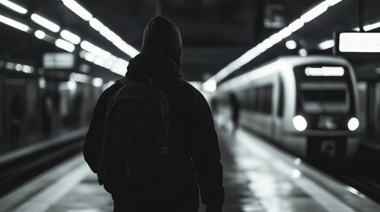 Naklejka premium a black-white full body, back view photo of a Backpacker of age 20-25 standing on a metro platform moving metro train on background. cinematic. highly detailed, high resolution for magazine.