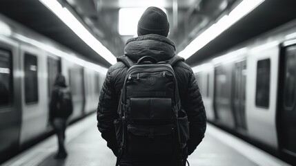 Naklejka premium a black-white full body, back view photo of a Backpacker of age 20-25 standing on a metro platform moving metro train on background. cinematic. highly detailed, high resolution for magazine.