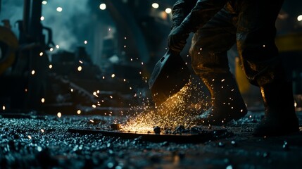 Foundry worker pouring molten metal into mold, capturing intense heat and precision of metalworking process with glowing liquid metal contrasting against dark industrial background.	