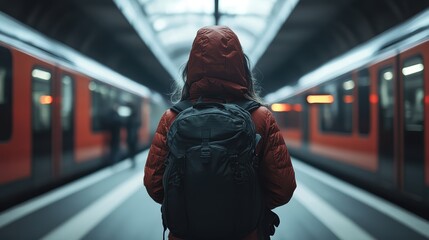 Fototapeta premium a black-white full body, back view photo of a Backpacker of age 20-25 standing on a metro platform moving metro train on background. cinematic. highly detailed, high resolution for magazine.