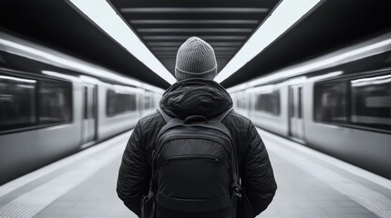 Fototapeta premium a black-white full body, back view photo of a Backpacker of age 20-25 standing on a metro platform moving metro train on background. cinematic. highly detailed, high resolution for magazine.