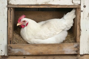Nesting Box. Buff Orpington Hen in Farm Landscape with Chicken Rooster