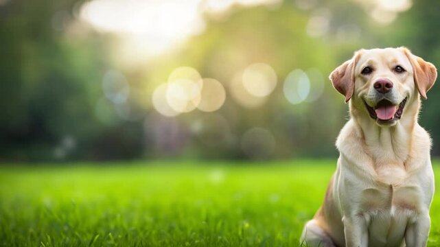 labrador dog sitting on the grass with blur background and empty space on the left side