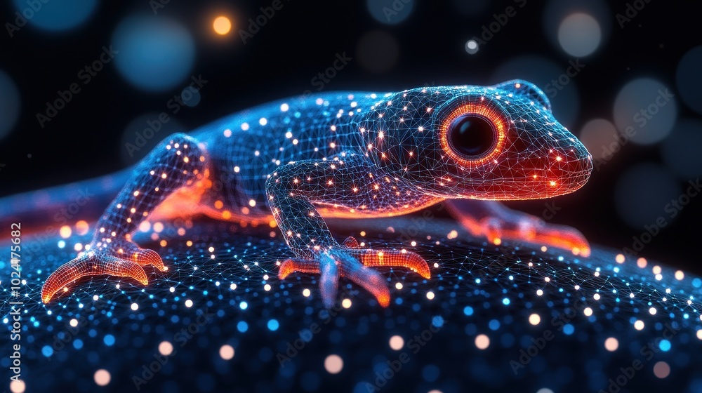 Poster a digital rendering of a lizard, illuminated in red and blue, against a dark background with twinkli