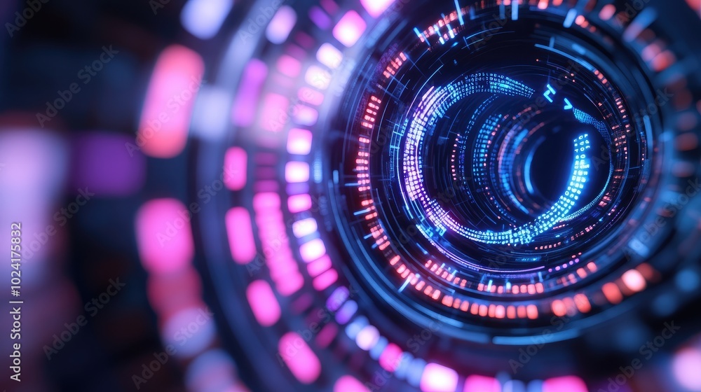 Poster abstract digital tunnel with neon lights and patterns