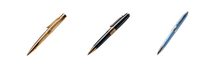 Naklejka premium Three pens, one gold, one black, and one blue, are angled on white paper.