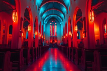 Fototapeta premium A church interior with red and blue lights, the pews are empty and the stained glass windows are glowing.