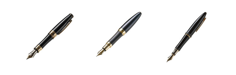 Naklejka premium Three black and gold fountain pens are placed on a white surface.