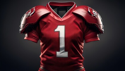 Fototapeta premium A striking red football uniform featuring bold shoulder pads and the number 1 prominently displayed on the front.