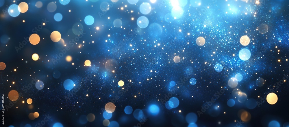 Poster abstract background with blue bokeh lights and glitter, shiny abstract blue background