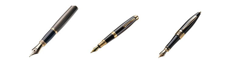 Three fountain pens with gold accents laid out on a white background.