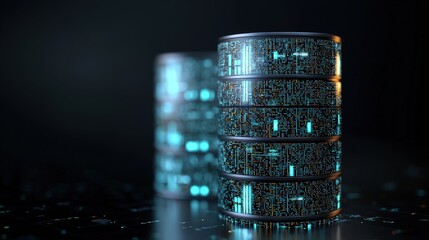 Futuristic Server Racks with Blue Lights and Data Transfer Concept