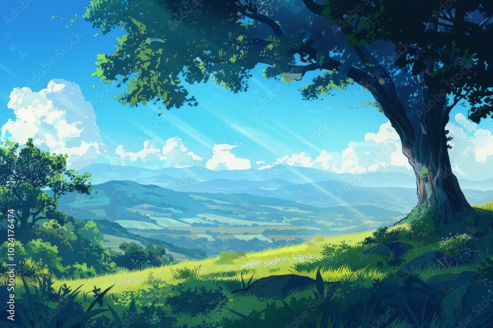 Poster back view lofi background featuring hills and valleys.