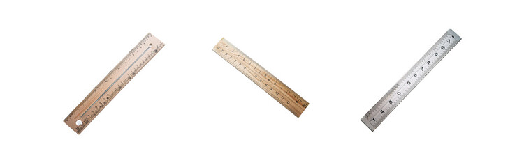 Three rulers, two wooden and one metal, are arranged in a diagonal pattern against a white background.
