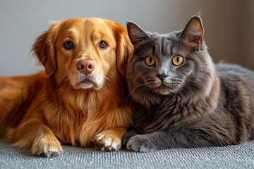 Friendly dog and cat enjoying a sunny day outdoors in a vibrant and cheerful pose