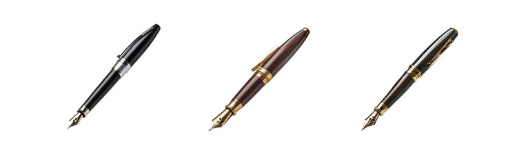 Fototapeta premium Three fountain pens, with different colored bodies and gold accents, lay on a white surface. The pens are angled slightly to the right and their nibs are pointed at the viewer.