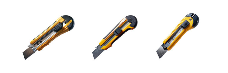 Three utility knives with yellow handles and black accents are arranged in a row, angled diagonally against a white background.