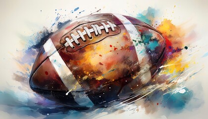 A colorful, artistic depiction of a football, showcasing vibrant splashes of paint and motion, capturing the sport's dynamic energy.