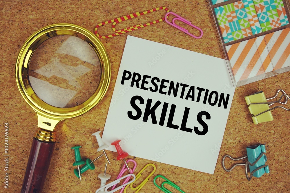 Poster presentation skills text on paper card with magnifying glass and stationery on cork board background