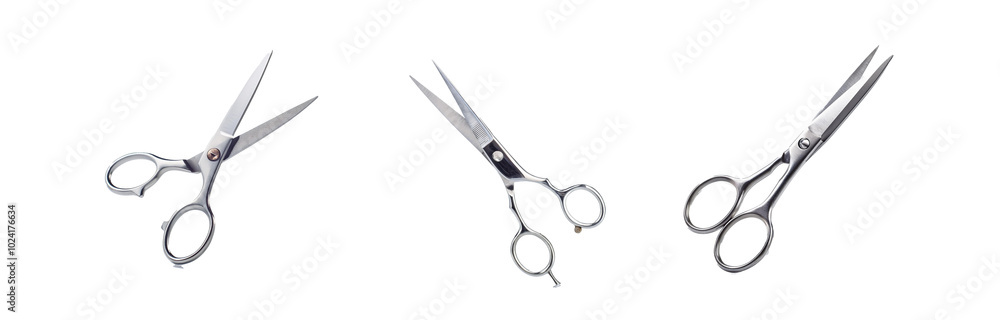 Poster three pairs of scissors are arranged in a row against a white background.