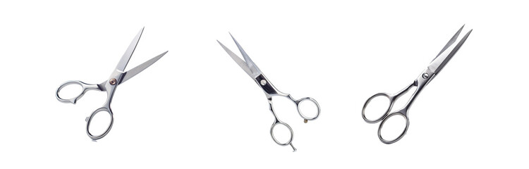 Three pairs of scissors are arranged in a row against a white background.