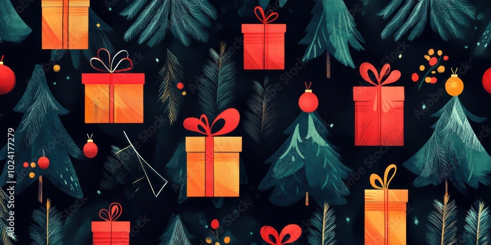 Poster a christmas tree with many presents on it. scene is festive and joyful