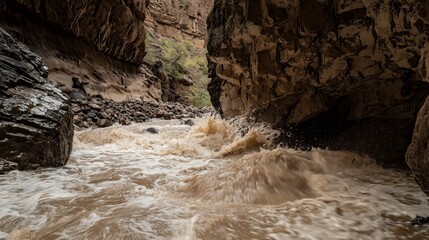 Flash Flood Racing Through a Dry Canyon