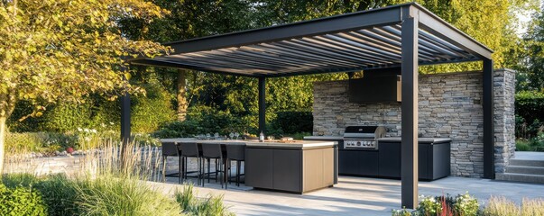 Fototapeta premium Pergola enhances an outdoor kitchen, perfect for refined alfresco dining and cooking.