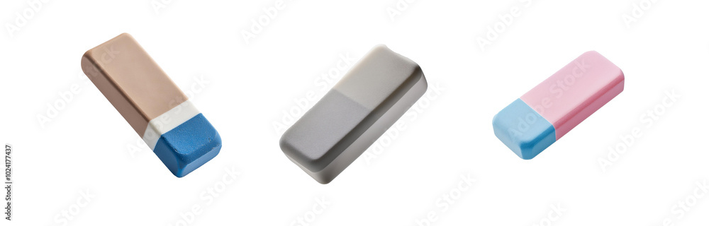 Aufkleber three rectangular erasers with different colored sections isolated on a white background.