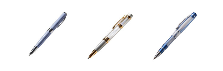 Naklejka premium Three pens of different colors and designs are lined up on a white surface.