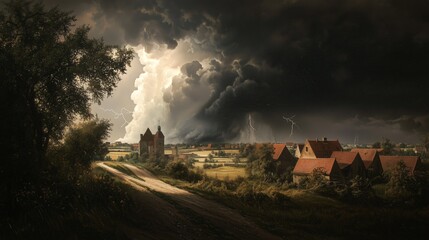 Fototapeta premium Approaching Ominous Storm Over Quiet Landscape