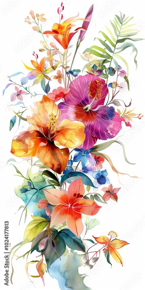 Wall mural Botanical decor rendered in vibrant watercolor style