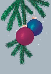 New Year, Christmas, spruce branch, pine branch, Christmas ball, two Christmas balls, neon, Navidad, Año Nuevo, rama de pino, rama de abeto, bolas de Navidad, postal, saludo, México 