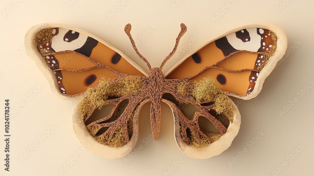Poster intricate paper cut butterfly wings with finely detailed vein patterns and layered textures, paper c