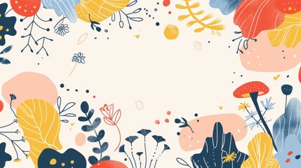 Naklejka premium A vibrant and playful abstract background featuring nature-inspired elements like leaves, flowers, and mushrooms in a modern artistic style.