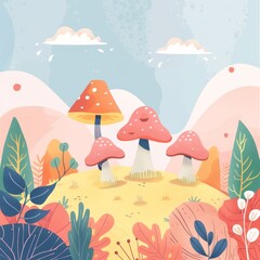 A charming cartoon illustration featuring mushrooms in a vibrant fantasy landscape with colorful plants and rolling hills under a blue sky.