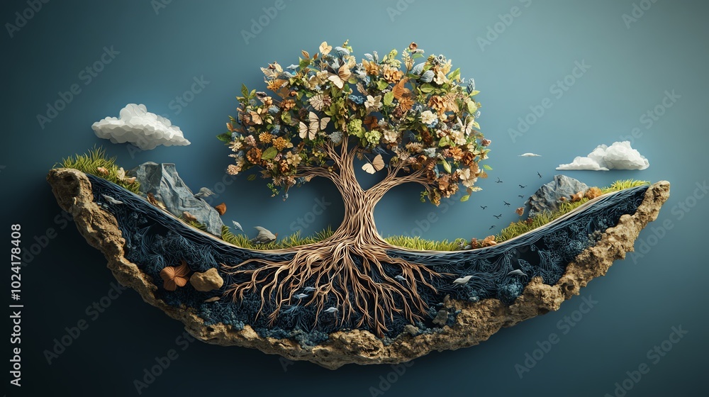 Poster intricate paper cut tree of life with detailed roots and branches, creating a symbolic and elegant w