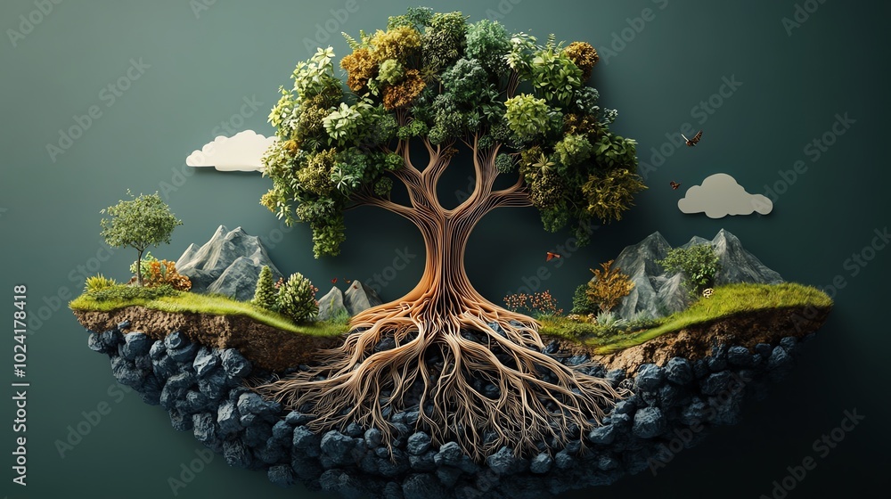 Poster intricate paper cut tree of life with detailed roots and branches, creating a symbolic and elegant w