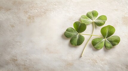 Textured green four-leaf clover, illustrated in sharp detail, resting on a neutral pale background, symbol of good fortune and nature
