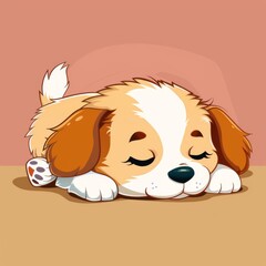A cartoon dog is sleeping on a table. The dog is brown and white