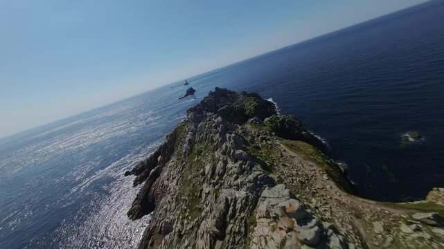 Rugged Headland Pointe du Raz With View of Raz de Sein In Brittany, France. FPV drone shot