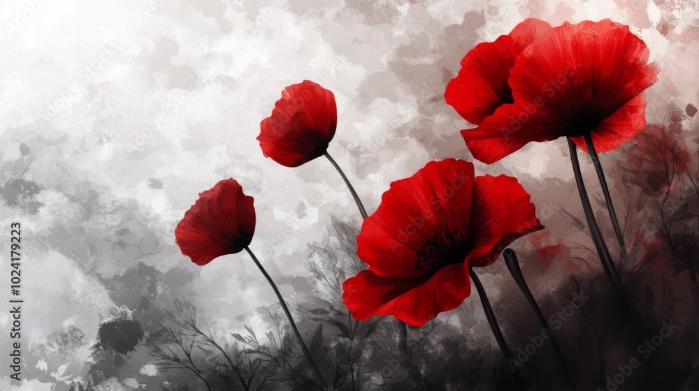 Sticker Colorful abstract background with shades of gray and hints of red poppies in the background.