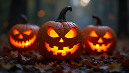 Fototapeta premium Halloween day eyes of Jack O' Lanterns trick or treating Samhain All Hallows' Eve All Saints' Eve All hallowe'en spooky Horror Ghost Demon background October 31