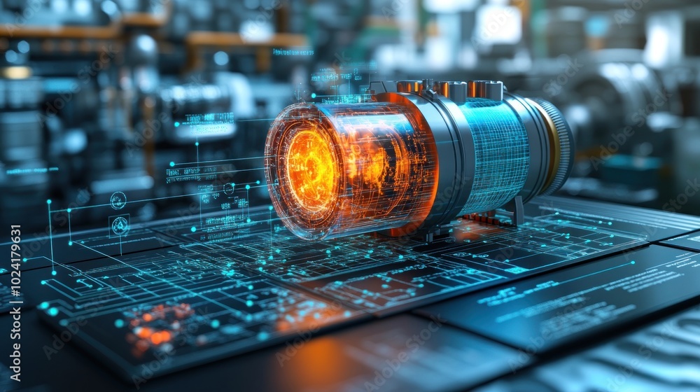 Poster futuristic energy device with glowing elements and technical schematics.