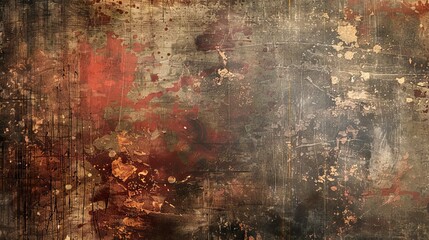 Abstract grunge texture featuring a rusty and weathered metal surface with earthy tones and splattered paint effects.