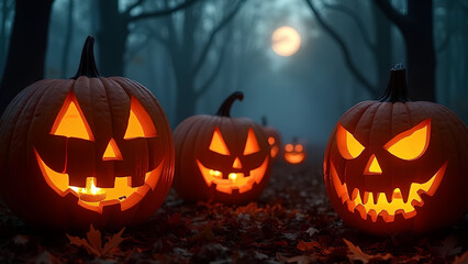 Fototapeta premium Halloween day eyes of Jack O' Lanterns trick or treating Samhain All Hallows' Eve All Saints' Eve All hallowe'en spooky Horror Ghost Demon background October 31