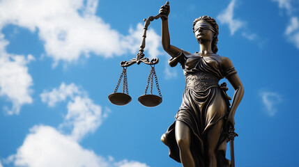A majestic bronze statue of Lady Justice stands tall, holding a set of scales balanced in her right hand and a sword in her left. 