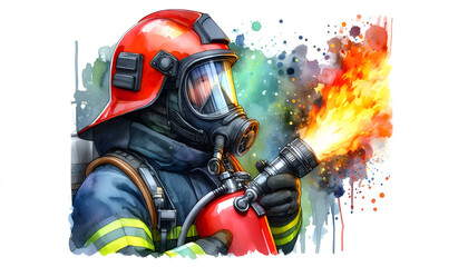 Obraz premium Watercolor illustration portrait of a fire service worker extinguishing fire.