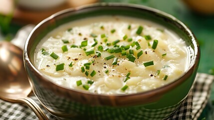 A bowl of creamy potato leek soup with chives on green background